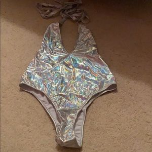 Silver metallic body suit